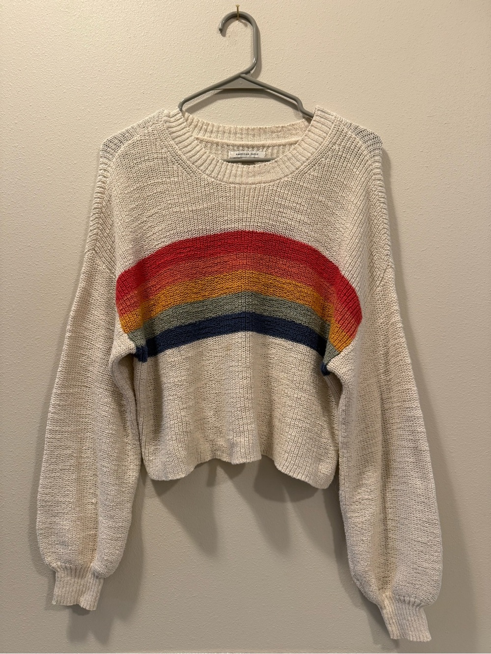 American Eagle Outfitters Cream Crop Sweater with Rainbow Stripe